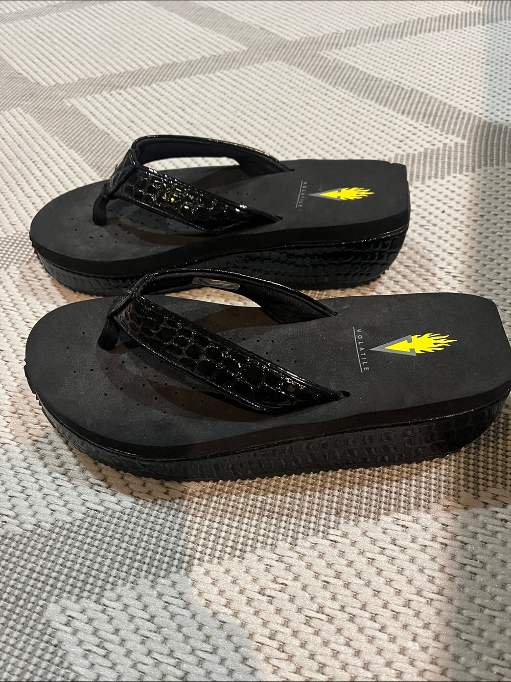 Volatile Black Faux Crocodile Platform Flip Flop Sandals